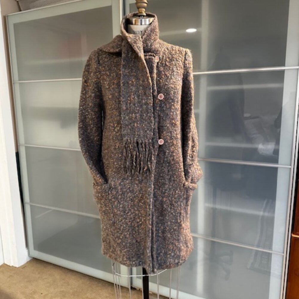 I.B.Diffusion Taupe/Grey/ Peach Mohair Cardigan Sweater Size M with Neck Scarf